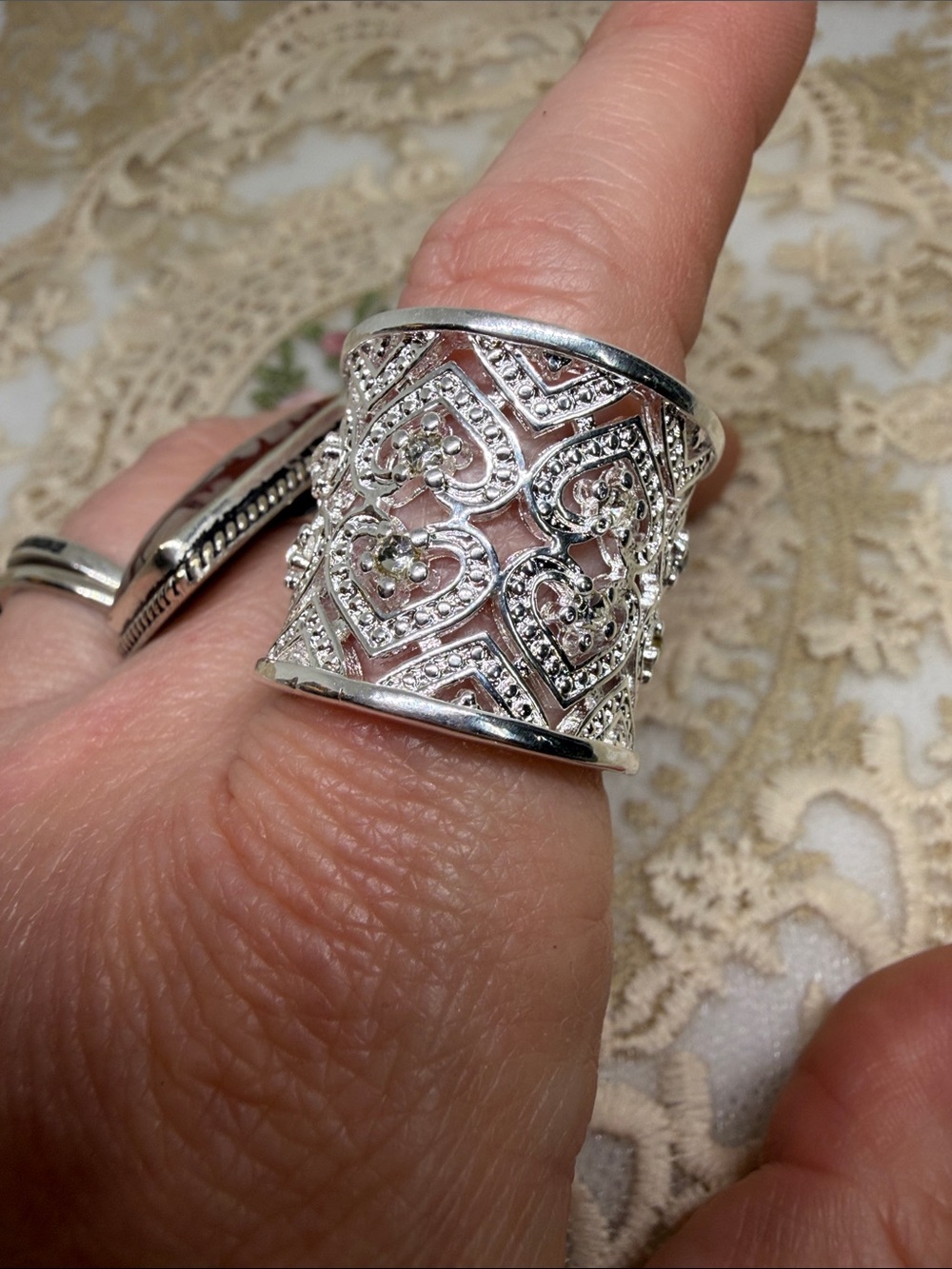 925 Sterling Silver Overlay Filigree Heart Ring Sz 7+ Adjustable Wide Band